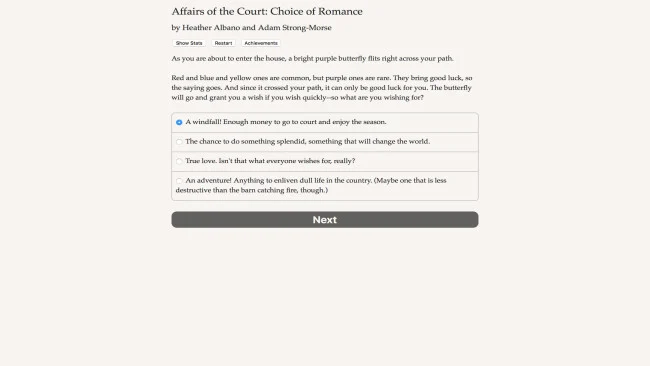 Asuntos judiciales: Captura de pantalla del juego Romance's Choice