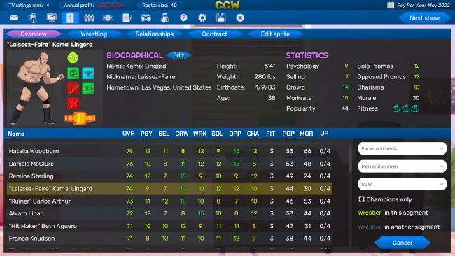 Captura de pantalla de PC del promotor de lucha libre de campeonato