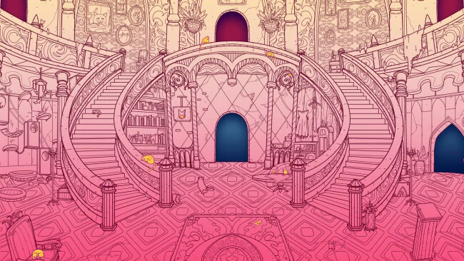 Captura de pantalla del juego de un castillo lleno de gatos.